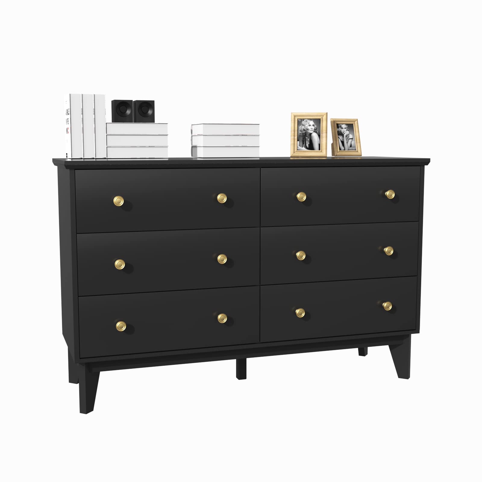 LYNSOM Black Dresser for Bedroom, Modern 6 Drawer Double Dresser with Deep Drawers and Gold Knobs, Wood Storage Chest of Drawers for Living Room, Office
