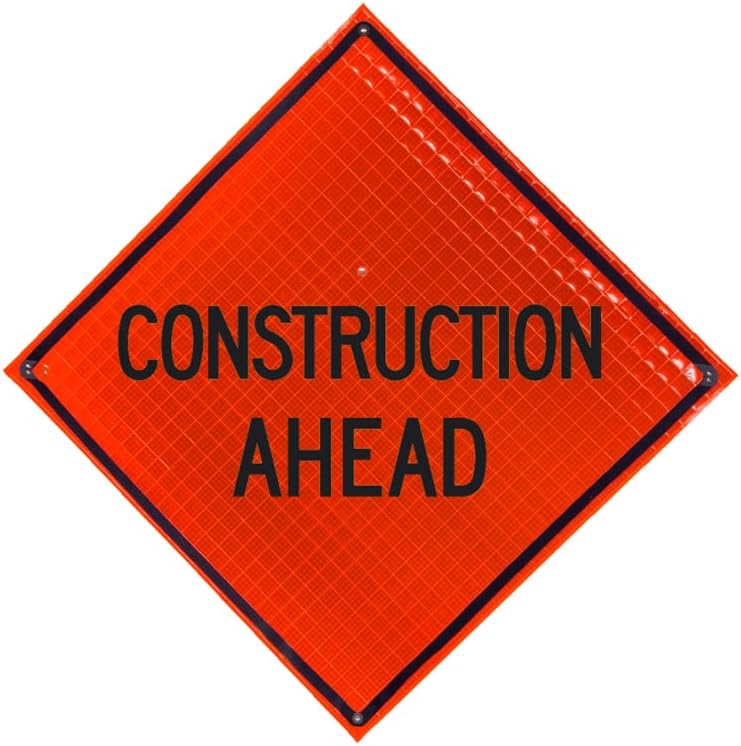 36" Reflective Fluorescent Orange Roll-Up Warning Sign. (CONSTRUCTION AHEAD)