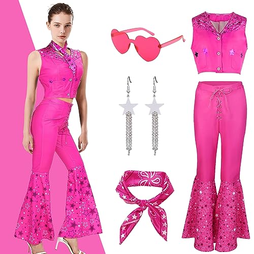 Exojoy Women Pink Cowgirl Costume Outfits, 70s 80s Disco Hippie Fancy Dress Accessories Set with Vest Top Flared Trousers Earring and Glasses for Women Girls Movie Halloween Cosplay (Large)
