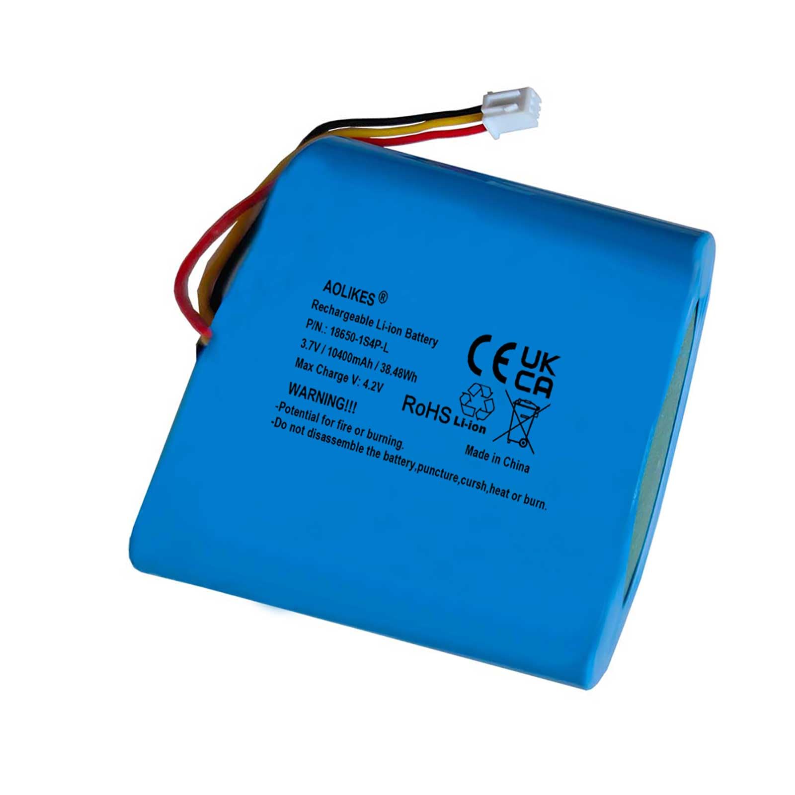 AOLIKES Batterie lithium-ion rechargeable 18650 1s4p 10400 mAh 3,7 V avec connecteur XH2,54/3P / cellules 5C / Straight / Prend en charge la charge rapide