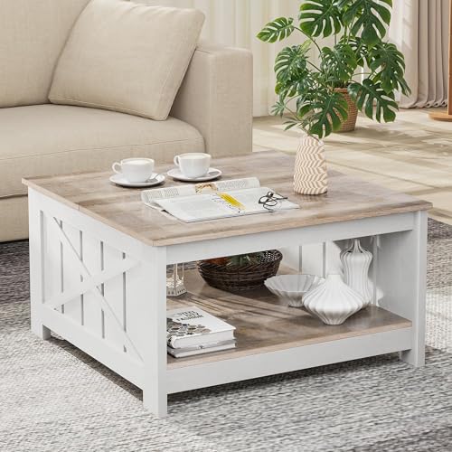 GOOBED Farmhouse Sqare Coffee Table, Coffee Table for Living Room with Storage, Grey Wash Coffee Table 2 Tier Spaciou Storage Shelf, Modern Center Table Small Coffee Table, Grey Wash
