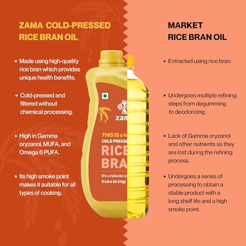Image of Zama Organics Cold Pressed Rice Bran Oil 5L PET Bottle Pack of 2 | Cooking Oil for Deep Frying & Stir Fry | Oryzanol Rich Oil | High Smoke Point | Light & Neutral Taste | Daily Use Edible Oil
