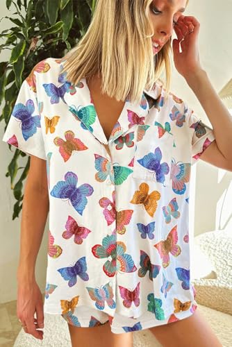 Whimsical Two-Piece Sleepwear: Multicolour Butterfly Print for Summer Nights4