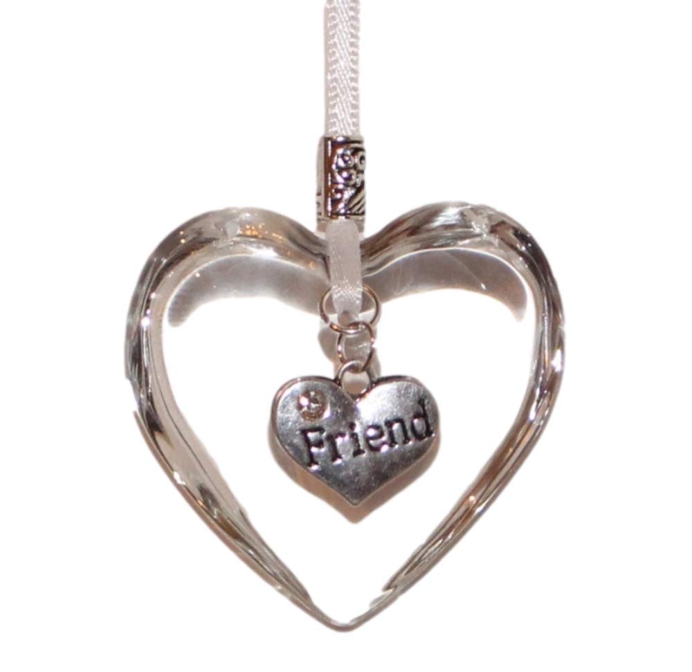 The Heart Shack White Ribbon Glass Hanging Heart Christmas Tree Decoration With Friend Charm