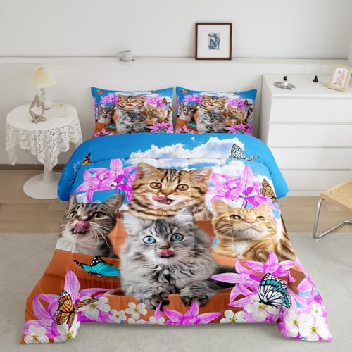 Kids Cute Cat Bedding Set Cartoon Pet Cats Kittens Comforter Set Cat Lovers Animal Themed Comforter for Boys Girls Purple Floral Butterflies Print Down Alternative Comforter Room Decor Twin Size