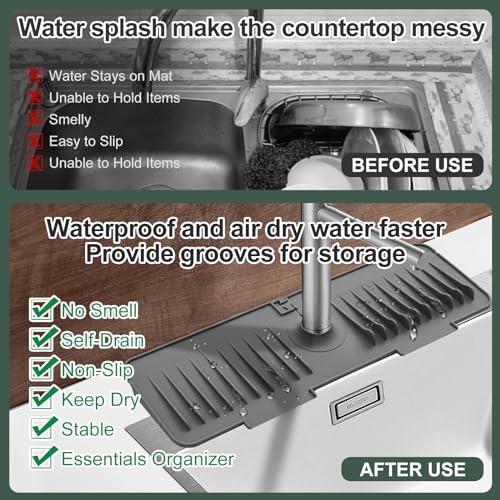 17.7"×5.5" Sink Splash Guard,Silicone Faucet Mat for Kitchen Bathroom Sink,Draining Mat Faucet Handle Drip Catcher Tray, Sink Organizer Holder for Sponge Dish Soap