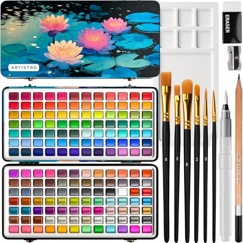 Image of ARTISTRO Deluxe Watercolor Paint Set with 168 Colors - Vivid Colors in a Portable Box - Travel Watercolor Set with Complete Palette