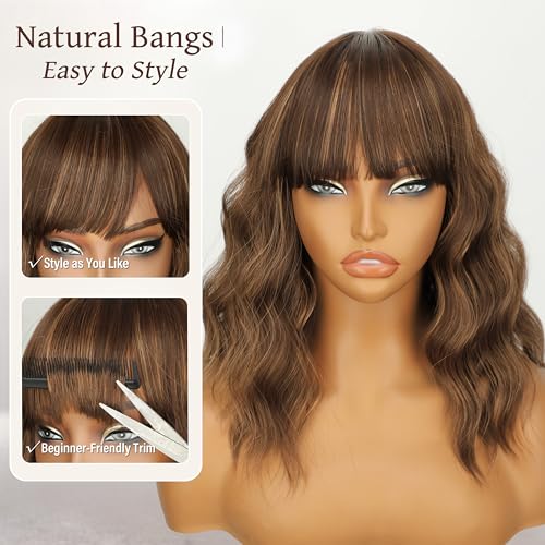 Image of Nnzes Short Wavy Bob Wig with Bangs for Women Shoulder Length Curly Soft Auburn Brown Copper Mix Synthetic Heat-Resistant Fiber Hair for Daily & Party Use