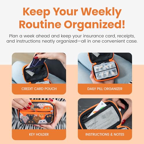 Image of Made Easy Kit Pill Case - Weekly Medicine Organizer with Removable Seven-Day Vitamin & Supplement Box - Premium Neoprene for Travel Purse Accessory (Orange Cat)