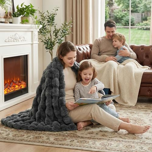 JONIYEAR Solid Thick Fuzzy Bubble Faux Rabbit Fur Blanket Twin Size 60" x 70", Decorative Bumpy Cute Cozy Fluffy Gray Warm Blanket for Winter, Oversized Reversible Poofy Comfy Shag Furry Throw, Grey by JONIYEAR - Used condition - Image 4