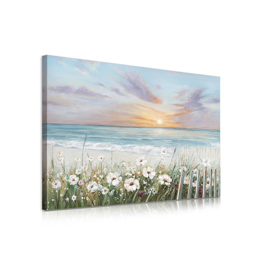 Ocean Sunset Canvas Prints Bathroom Wall Decor Flower Canvas Wall Art Beach Sunrise With Blue Sky for Wall Beach Art Wall Decor 16" X 12" X 1 Pieces