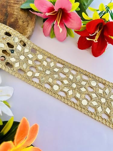 Galon de dentelle florale dorée à miroirs broderie indienne Zari pour customisation de robe - 3