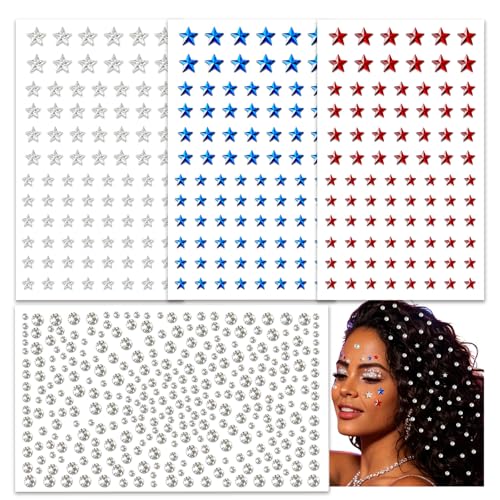 Go Ho 4th of July Star Face Hair Gems 4 Sheets of Self Adhesive Face Jewels for Women Red White and Blue Gem Stickers Face Eye Rhinestones Rhinestone Stickers 4th of July Patriotic Gems 03 Star Style