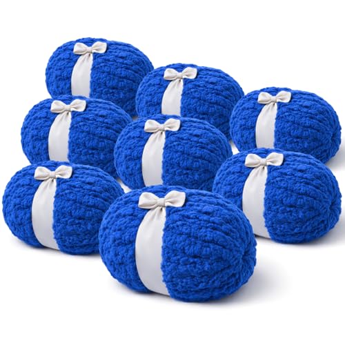 DEYLE Blue Chunky Chenille Yarn - Super Bulky Thick Yarn for Hand Knitting and Crocheting - Extra Soft Jumbo Yarn for Blankets Scarves - 8-Pack (9 Oz Each Skein)