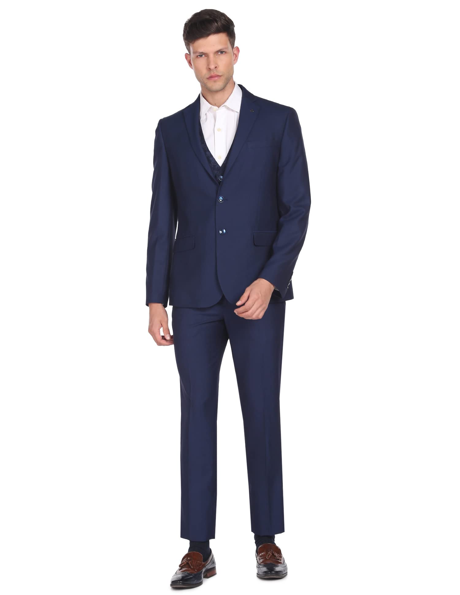 arrow Men Navy Solid Dobby 3 Piece Suit-picture-12