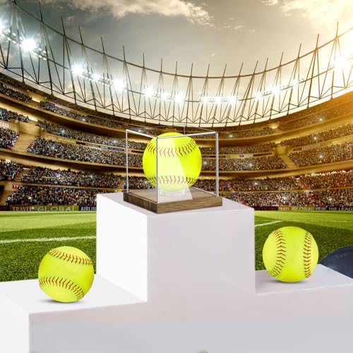 Image of Hooqict Softball Display Case Clear Acrylic Ball Holder UV Protected with Wood Base Stand, Softball Case Display Box Championship Square Box for Golf Tennis Game Ball Baseball