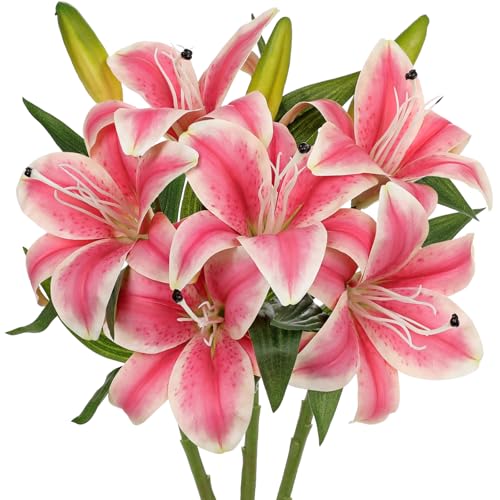 Artificial Tiger Lily Silk Flowers - 3 Pcs Faux Lily Flower 14.9 Fake Lilies Bouquets Faux Stargazer Lilies Stem with 6 Heads & 3 Buds for Indoor Outdoor Home Table Wedding Decor (Bright Pink)
