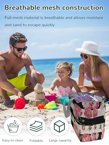 Mesh Beach Bag Oversized Tote Bags for Women Pink Flower Peony Rose Retro Linen Large Travel Pool Bags with 8 Pockets2