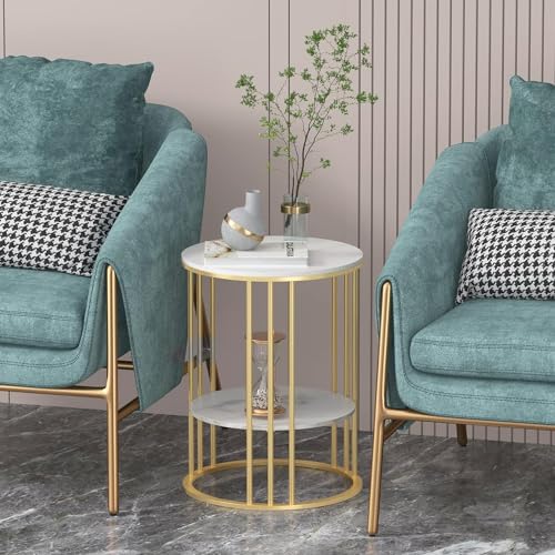 Image of Coffee Table Round Marble Print Sofa Side Telephone Corner Table Snack End Table Metal Dining Chair Center Table for Livingroom Bedroom Furniture (Gold White)