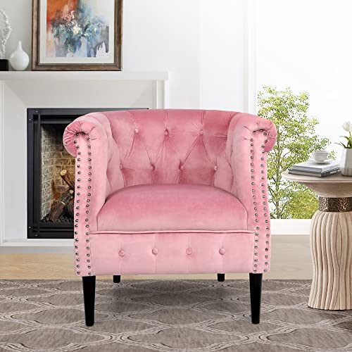 Mid-Century Accent Chair With Storage Ottoman, Modern Velvet Armchair Button Tufted Rivet Barrel Chair, Comfy Single Sofa Chair Ottoman Set For Living Room Bedroom Reading Room (Pink) #TOP6