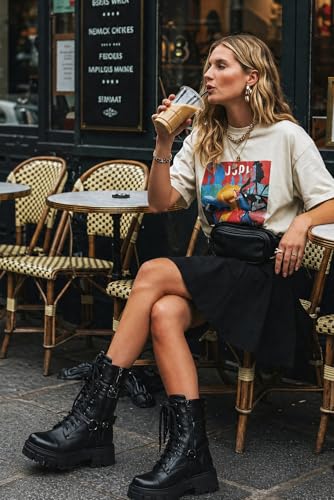 Image of Women Harness Motorcycle Biker Boots Steampunk Combat Boots Chunky Mid Calf Goth Boots Lug Sole Lace up Side Zipper