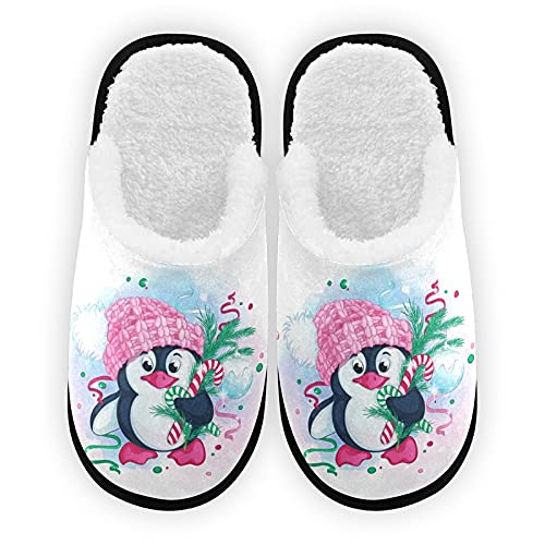 VIGTRO Women's Fuzzy Slippers Winter Pink Penguin Anti-Skid Indoor Slippers Christmas Tree Design Soft Coral Fleece Slippers Cozy Memory Foam Slippers