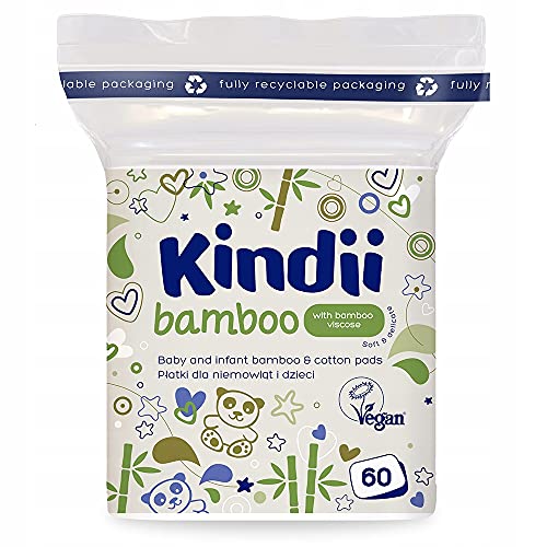 Kindii Bamboo & Cotton Pads - 60 Ultra-Soft Vegan Pads for Newborns & Infants | Lint-Free Non-Splitting | Gentle Daily Baby Skincare with Water Oil Cream or Powder