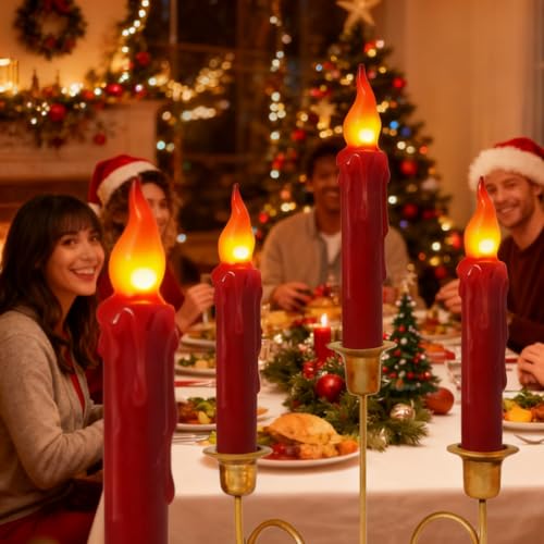 Image of Real Wax LED Flameless Christmas Short Taper Candles with Remote, 6.7 Inches Red Candlesticks, Dripless Battery Operated Flame Rustic Primitive Flameless Lights Holiday Decor, Pack of 2