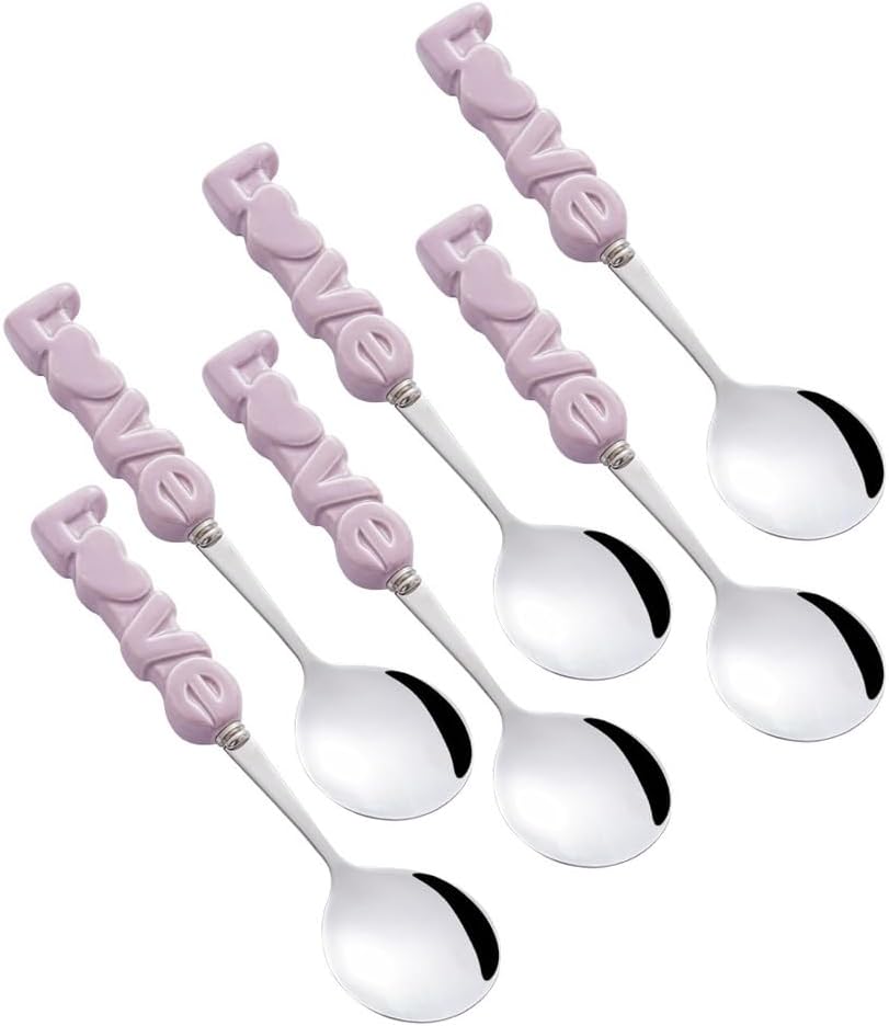(6 Pieces) Love Ceramic Handle Spoon Household Stainless Steel Exquisite Dining Soup Spoon Spoon Spoon Set