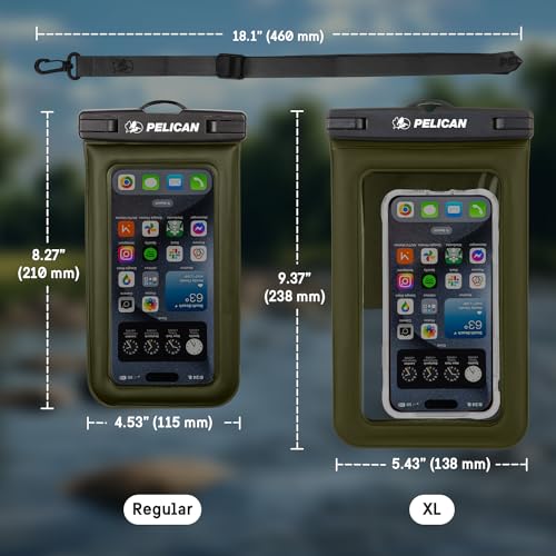 Image of Pelican 2 Pack Marine Waterproof Phone Pouch (Regular) - Olive Green | Touchscreen IP68 Floating Waterproof Phone Case w /Detachable Lanyard - Fits All Phones - Beach Cruise Ship Travel Essentials