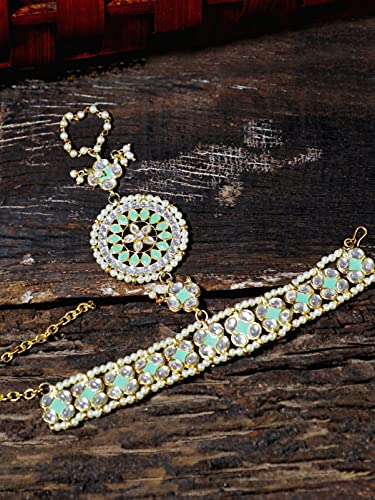 Image of Karatcart Gold Plated Baby Pink Pearl Chain Kundan Hathphool
