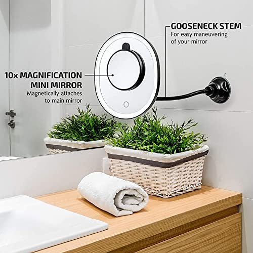 Ovente 8.5'' Lighted Makeup Mirror, Rechargeable Swivel Gooseneck With Attachable Suction Cup Mount, 10X Magnetic Mini Magnifier, Dimmable Led, For Bathroom, Home & Travel, Usb Powered, Black Mow22B #TOP1