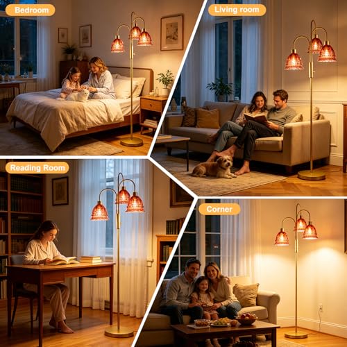 Image of 3-Light Glass Floor Lamp with Deep Red Ribbed Glass Shades, 70 inch Gold Dimmable Tall Standing Lamp with 3PCS 3000K Warm White Bulbs, Modern Tree Pole Lamp for Living Room Bedroom Home Office Corner