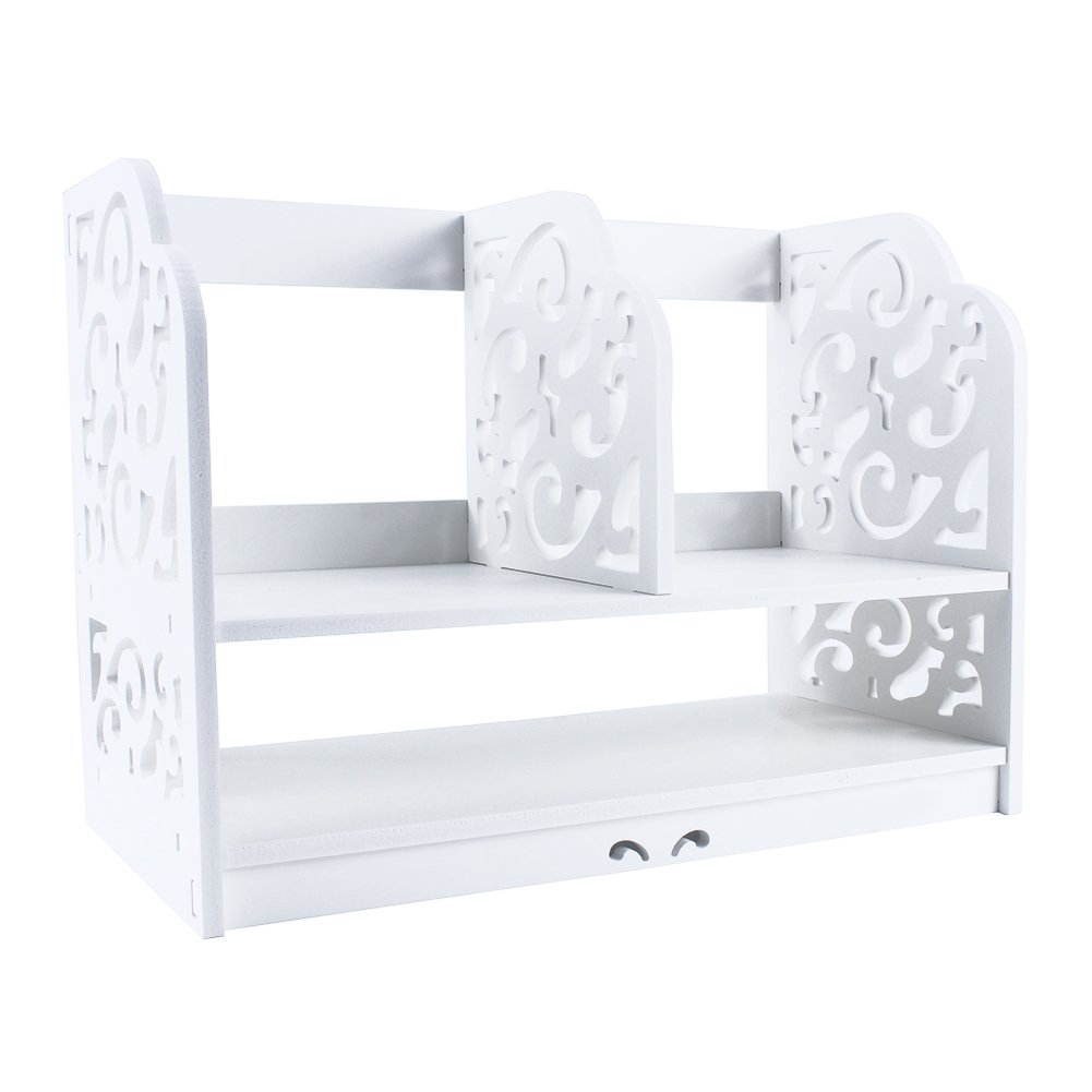 Cocoarm Bibliothèque Étagère Blanche 2 Niveaux, Style Baroque Sculpté, Organisateur de Rangement pour CD et Livres