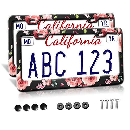 Watercolor Pink Rose License Plate Frame For Women 2 Pack, Cute License Plate Frames Covers Holder Lighted Metal Car Tag Frame Tag Cover For License Plate Car Accessories With 2 Holes #TOP9