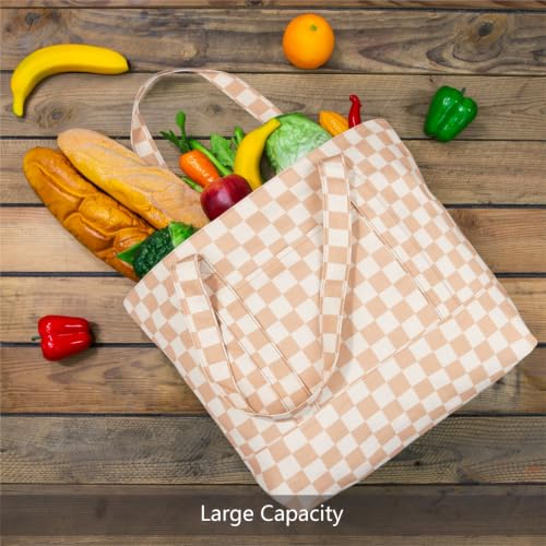 Image of TOPDesign 1-Pack Canvas Tote Bag with an External Pocket, Reusable Grocery Shopping Bag, Top Zipper Closure, Daily Essentials (Khaki Checkered)