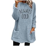 Always Cold Women's Letter Printed Fleece Pullover Tops with Pocket Winter Long Sleeve Crewneck Solid Color Warm Top Blue