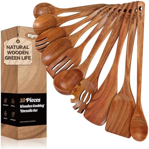 Teak Wooden Cooking Utensils Set, 10 Piece Premium Kitchen Cookware, Non-Scratch Wooden Spoons for Cooking, Perfect for Cooking and Serving