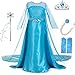 LiUiMiY Deguisement Robe Princesse, Costume Enfant Fille d’halloween Carnaval Cosplay Anniversaire Fête avec Gants Baguette magique Tresse Couronne, Bleu,134-140(étiquette 140)