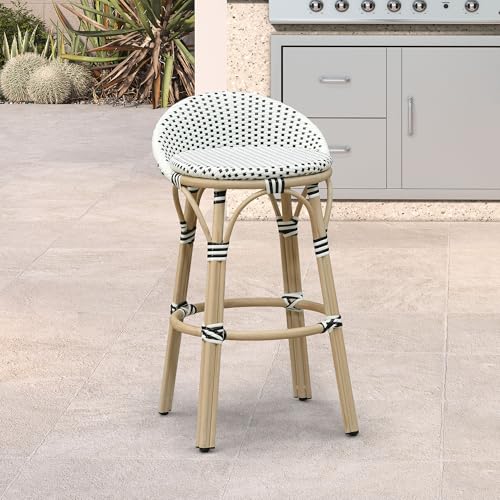 Image of PURPLE LEAF Patio Oversized Backrest Bar Height Stool Set of 1 Outdoor Round Barstools Aluminum Frame in Champagne Finish Woven Rattan for Indoor Kitchen Dining Bistros Cafe Restaurant White