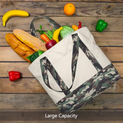 Image of TOPDesign 1-Pack Canvas Tote Bag with an External Pocket, Reusable Grocery Shopping Bag, Top Zipper Closure, Daily Essentials (Camo /Natural)
