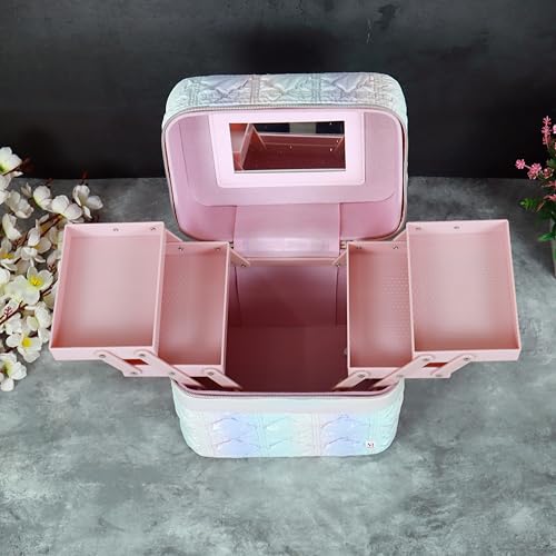 Image of NFI essentials Makeup Box, Vanity Bag, Cosmetic Storage Organiser for Women, Train Case Travel Makeup Pouch Organizer Brush Holder Make up Artist Bridal Trousseau Box for Girls (Quilted)