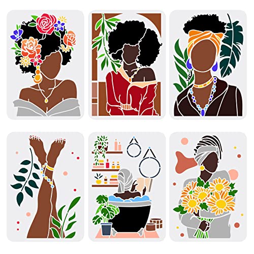 FINGERINSPIRE 6 pcs Africain Tribal Femmes Pochoirs 21x29.7cm Réutilisable Africain Américain Peinture Pochoir Silhouette Féminine Salle de Bains...