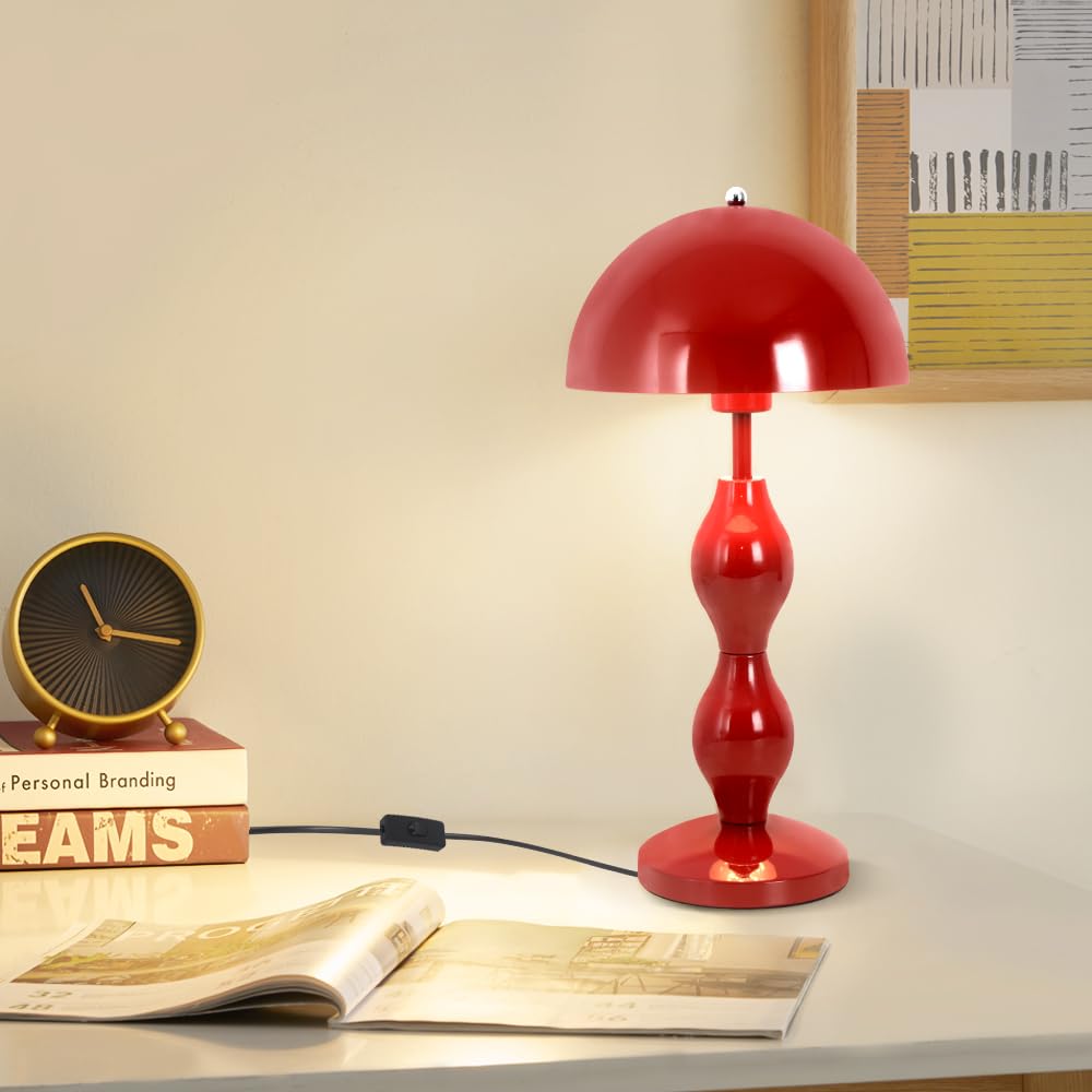 Rote Pilz Lampe Nachttischlampe,Einzigartige Dekoration,E27 Fassung,Metall | Tischlampe mit Kabel Druckschalter,Vollmetallkonstruktion mit Stabiler Basis,Warmer Roter Pilz Design mit Kürbis-Stiel