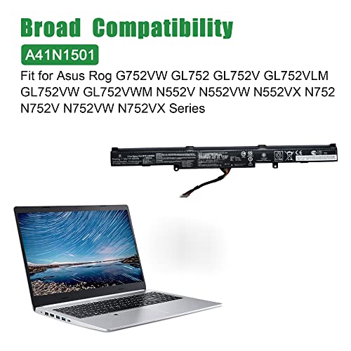 Image of A41N1501 Laptop Battery Replacement for Asus Rog G752VW GL752 GL752JW GL752V GL752VLM GL752VW GL752VW-DH74 GL752VWM N552 N552V N552VW N552VX N752 N752V Series A41LK9H L41LK2H 15V 48Wh 3100mAh