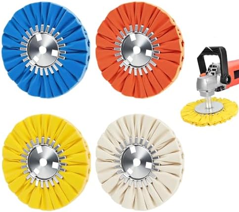 Airway Buffing Wheel Kit (1 Pc White, 1 Pc Orange, 1 Pc Blue, 1 Pc Yellow),8" Diameter, 5/8" Arbor Hole, 12 Ply, for Aluminum Wheels, Tanks & Metal Mirror Polishing, for Angle Grinder, 4 Pcs