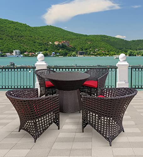Image of Artic Fashion D-43 Chairs Table Set 4+1 Wicker Patio Furniture Sets 4 Chair and 1 Table for Garden Balcony Bedroom Powder Coated Frame Uv Protected Wicker (Coffee+Red)