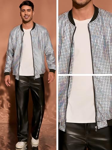 Lars Amadeus 70s Disco Varsity Jackets for Men's Zipper Party Shiny Holographic Metallic Bomber Jackets4