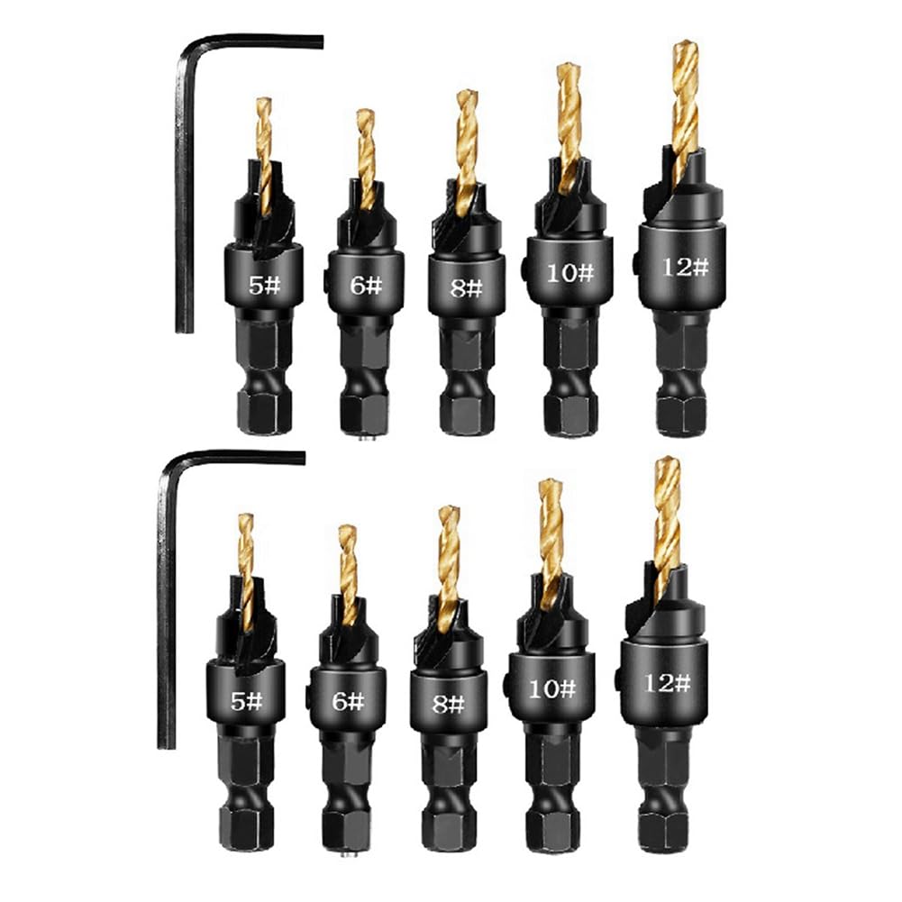 Littimoon 2 Setsx5pcs Countersunk Drill Hexagonal Handle Steel Hole Opener Set Wood Taper Hole Integrated Drill Bit Gold