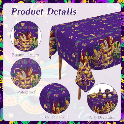 Image of Mardi Gras Tablecloth, 6 PCS Mardi Gras Table Cloth Disposable, Plastic Purple Carnival Mask Decorative Masquerade Tables Cover Rectangular for Mardi Gras Party Decoration Supplies, 54 X 108 Inch